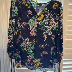 Renee C. Navy Floral V-Neck Blouse with Yellow, Green & Pink Accents